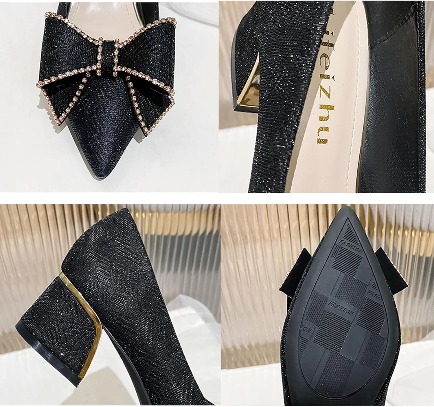 Women's Elegant Bow Low Chunky Heel Pumps Sexy Closed Pointed Toe Block Mid Heels Slip-On Formal Comfort Shoes for Weddings Proms.