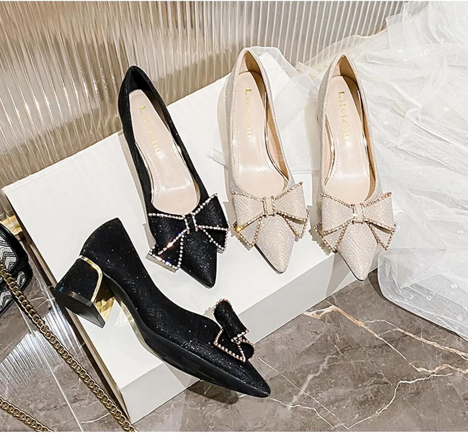 Women's Elegant Bow Low Chunky Heel Pumps Sexy Closed Pointed Toe Block Mid Heels Slip-On Formal Comfort Shoes for Weddings Proms.