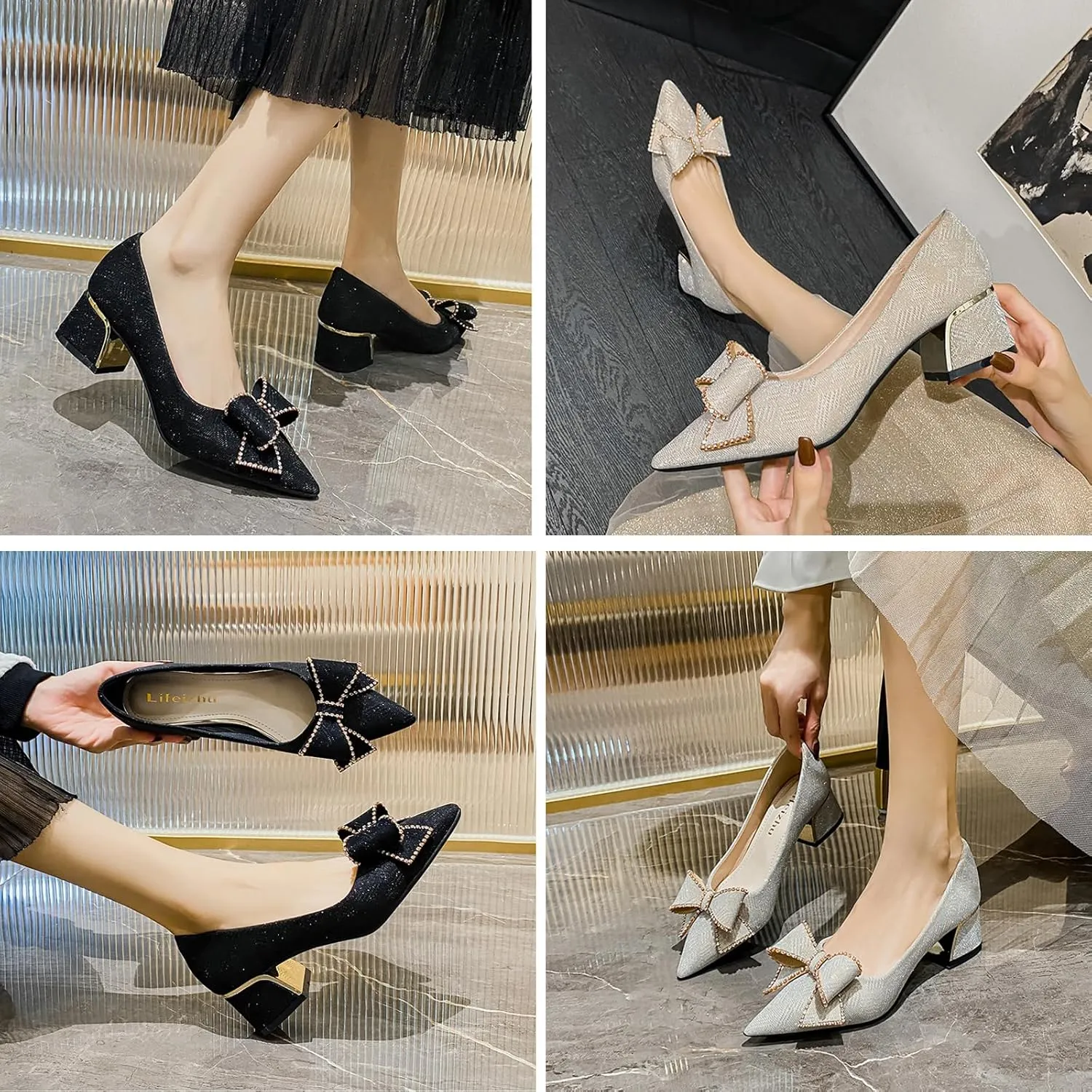 Women's Elegant Bow Low Chunky Heel Pumps Sexy Closed Pointed Toe Block Mid Heels Slip-On Formal Comfort Shoes for Weddings Proms.
