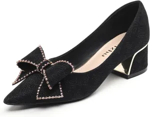 Women's Elegant Bow Low Chunky Heel Pumps Sexy Closed Pointed Toe Block Mid Heels Slip-On Formal Comfort Shoes for Weddings Proms.