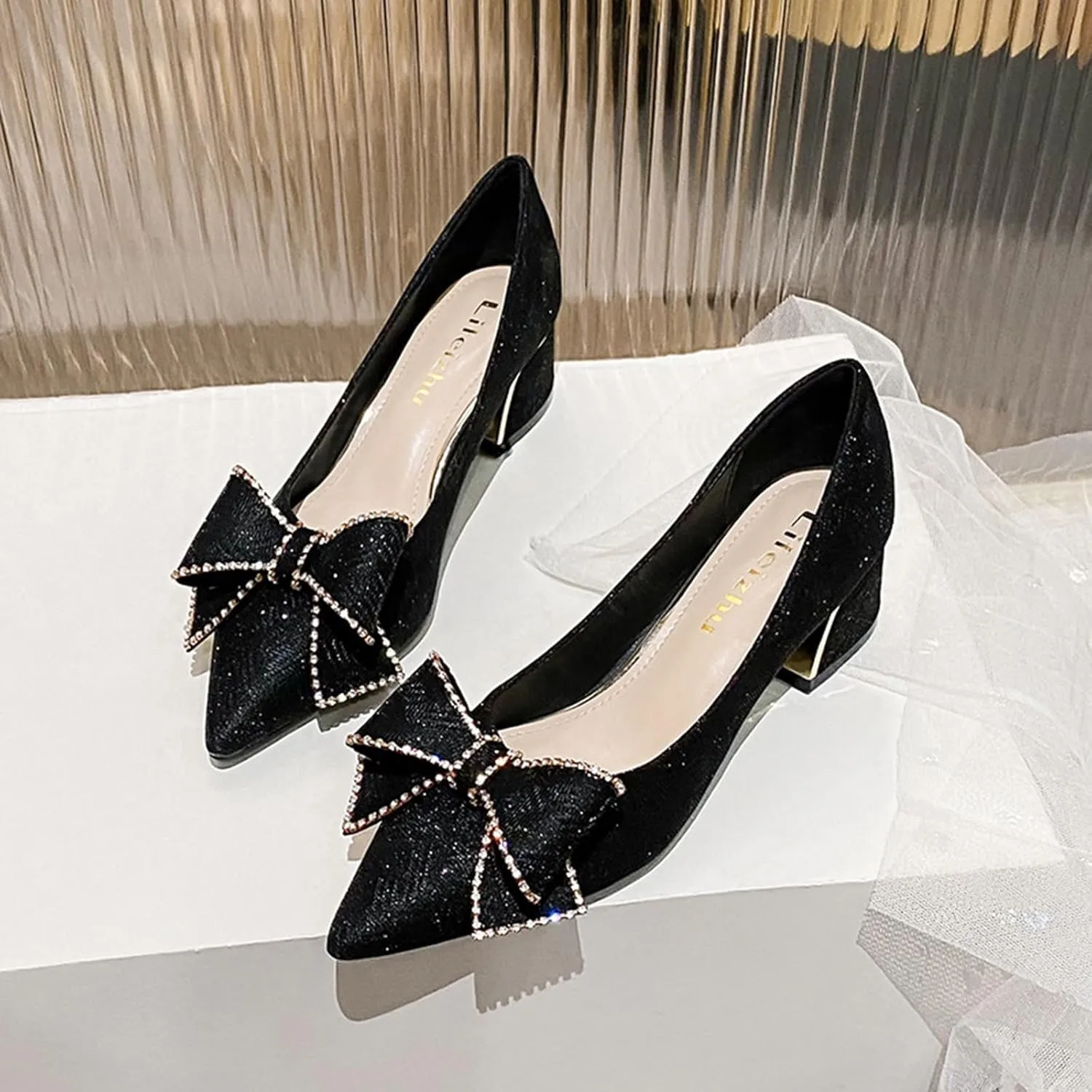 Women's Elegant Bow Low Chunky Heel Pumps Sexy Closed Pointed Toe Block Mid Heels Slip-On Formal Comfort Shoes for Weddings Proms.