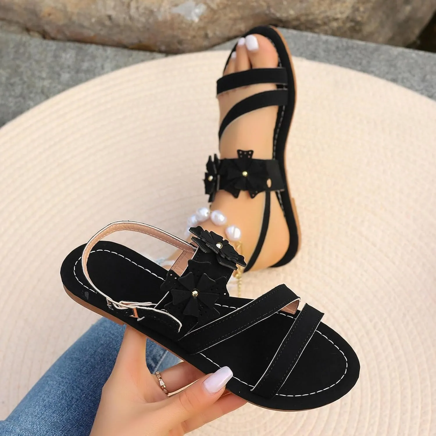 Women's Flat Bottom Sandals Flower Beach Sandals Party Dress Sandals Ankle Strap Chunky Heel Platform Sandals for Women