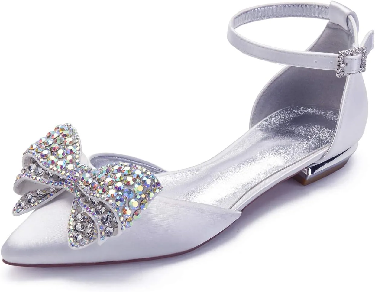 Womens Flat Bridal Shoes Sandals Pointed Toe Low Heel Pumps Rhinestones Wedding Shoes Strass Strappy for Prom Party Comfortable Satin High Heel