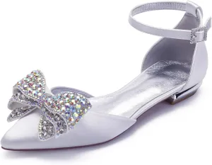 Womens Flat Bridal Shoes Sandals Pointed Toe Low Heel Pumps Rhinestones Wedding Shoes Strass Strappy for Prom Party Comfortable Satin High Heel