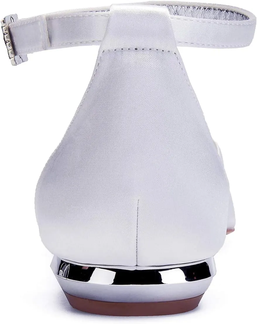 Womens Flat Bridal Shoes Sandals Pointed Toe Low Heel Pumps Rhinestones Wedding Shoes Strass Strappy for Prom Party Comfortable Satin High Heel