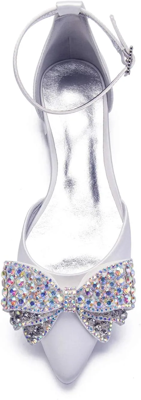 Womens Flat Bridal Shoes Sandals Pointed Toe Low Heel Pumps Rhinestones Wedding Shoes Strass Strappy for Prom Party Comfortable Satin High Heel