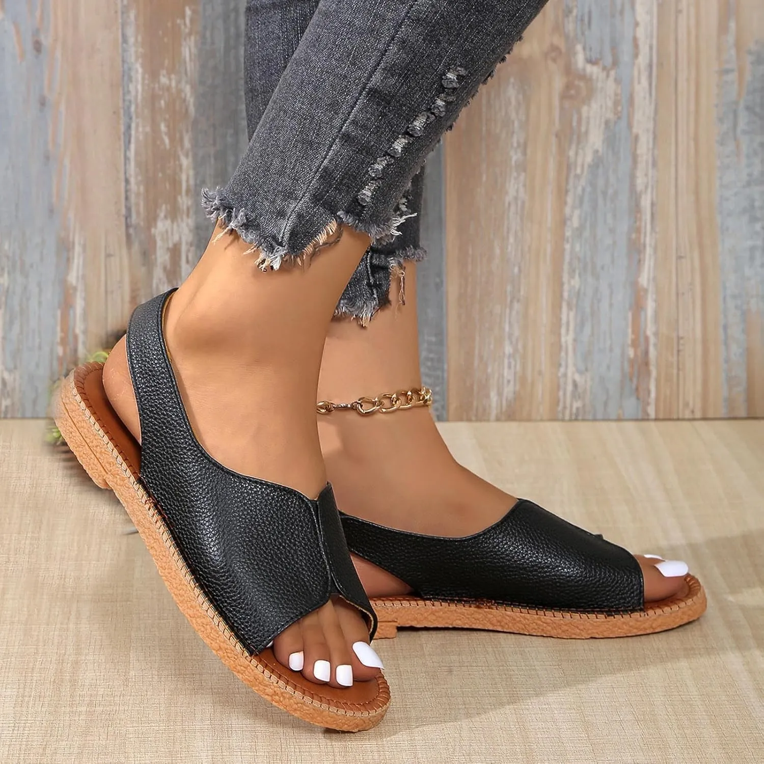 Women's Flats Sandals Open Toe Ankle Strap Slingback Sandals Comfortable Soft Cushion Beach Walking Shoes Slip On