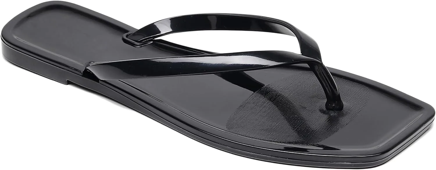 Womens Flip Flops Thong Sandals Jelly Shoes Flat for Ladies Slides Black Slippers Size 9 Slip On Summer Beach Dressy