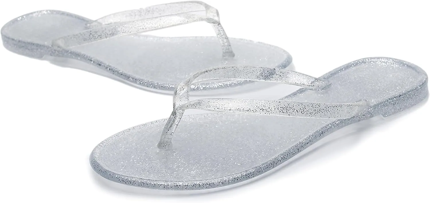 Womens Flip Flops Thong Sandals Jelly Shoes Flat for Ladies Slides Black Slippers Size 9 Slip On Summer Beach Dressy