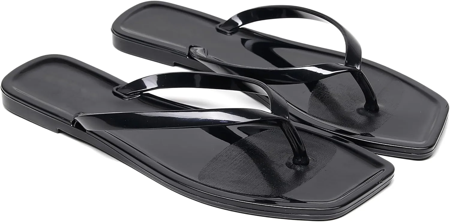 Womens Flip Flops Thong Sandals Jelly Shoes Flat for Ladies Slides Black Slippers Size 9 Slip On Summer Beach Dressy