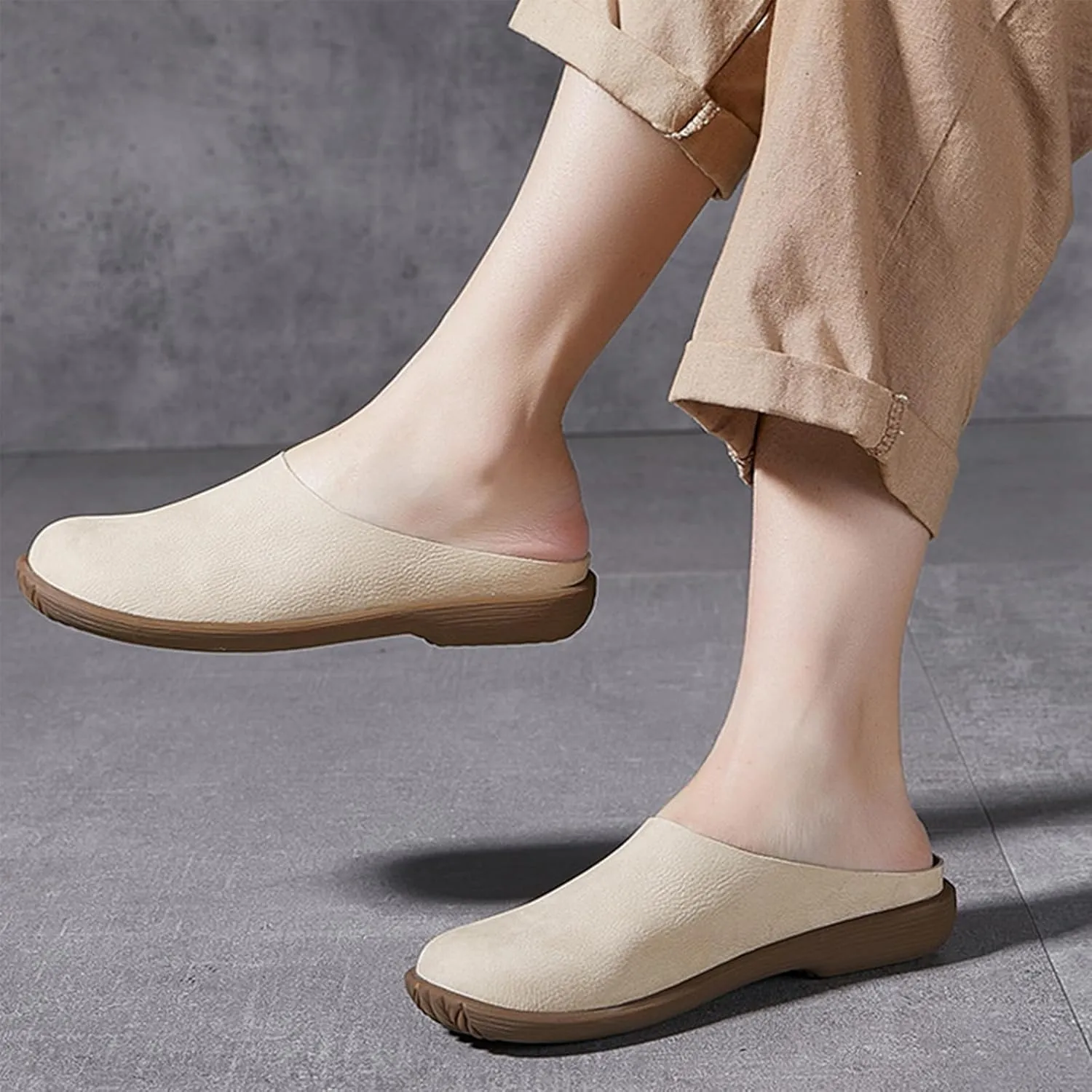 Women's Genuine Leather Rubber-Soled Non-Slip Mules, Casual Soft Leather Flat Slingback Comfory Half Loafers Causal Slippers for Work Walking