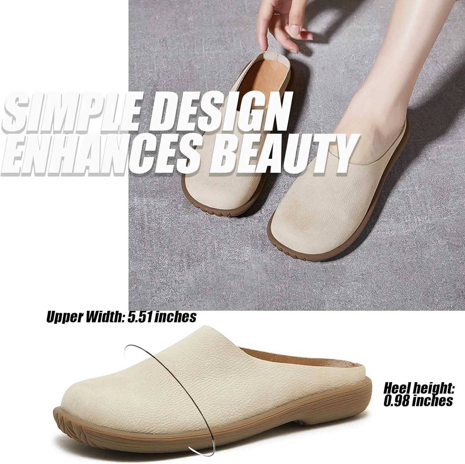 Women's Genuine Leather Rubber-Soled Non-Slip Mules, Casual Soft Leather Flat Slingback Comfory Half Loafers Causal Slippers for Work Walking