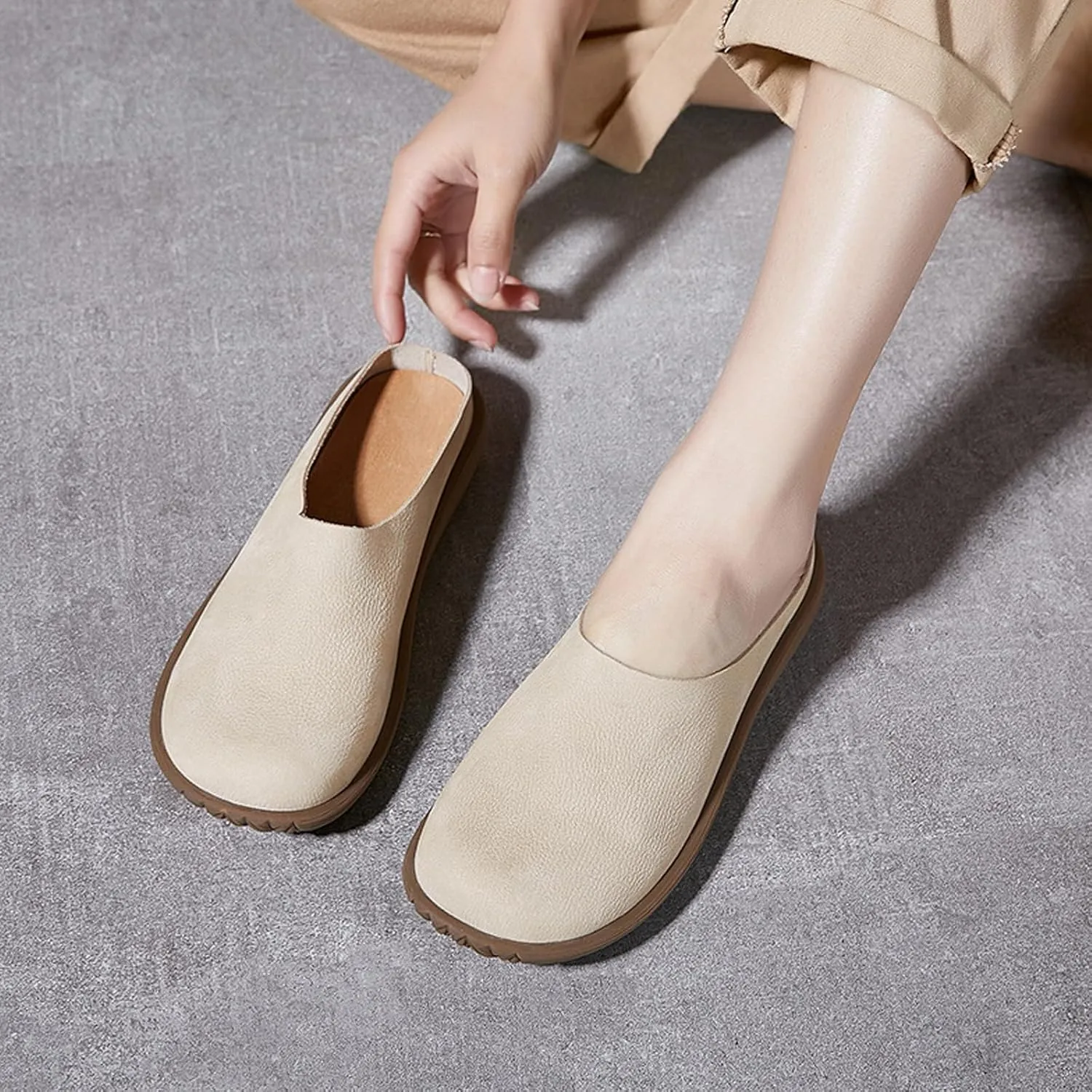 Women's Genuine Leather Rubber-Soled Non-Slip Mules, Casual Soft Leather Flat Slingback Comfory Half Loafers Causal Slippers for Work Walking