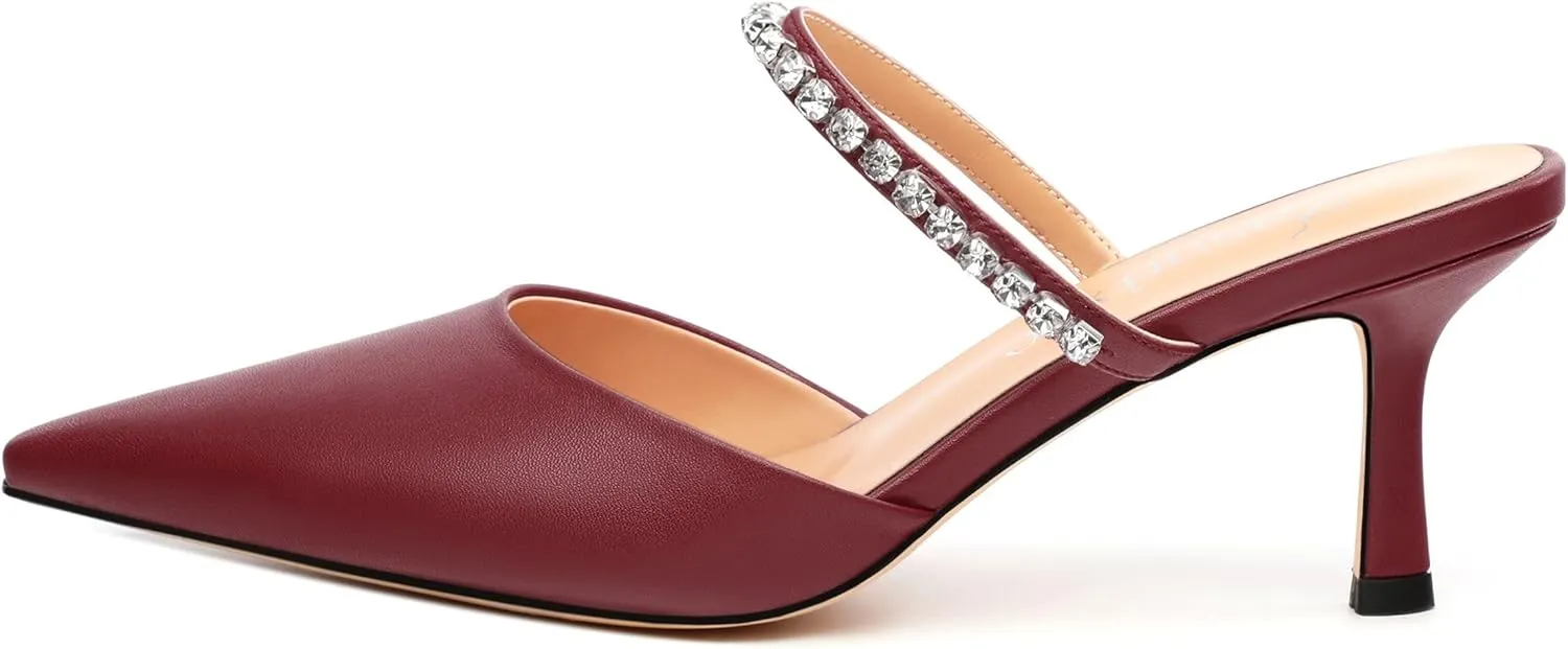 Women's Heeled Mules Rhinestone Strap Pointed Toe Pumps Stiletto Mid Heels Slip On Wedding Party Sandals for Women 2.5 Inch