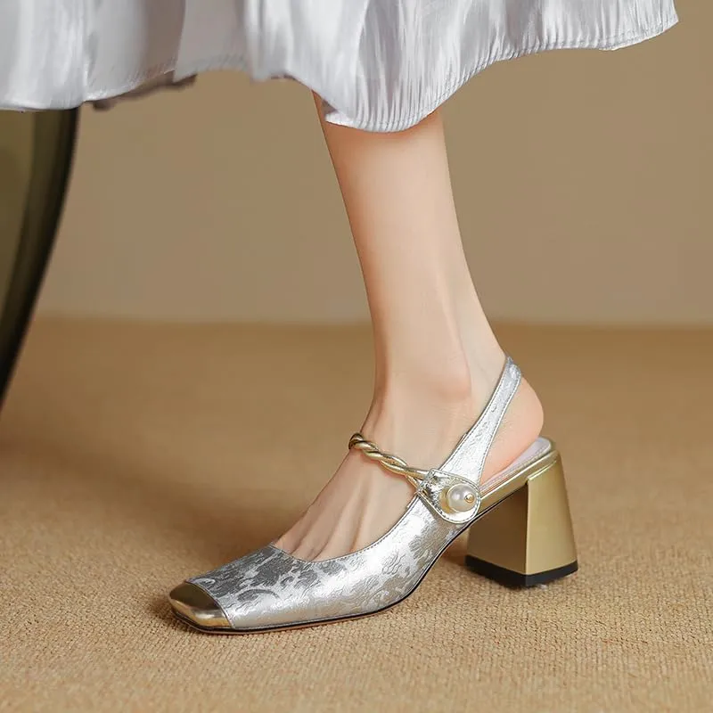 Women's Heeled Sandals Chinese Style Retro Square Toe Chunky Heel Genuine Leather Pumps