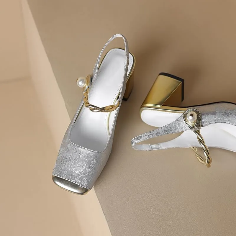 Women's Heeled Sandals Chinese Style Retro Square Toe Chunky Heel Genuine Leather Pumps