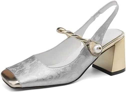 Women's Heeled Sandals Chinese Style Retro Square Toe Chunky Heel Genuine Leather Pumps