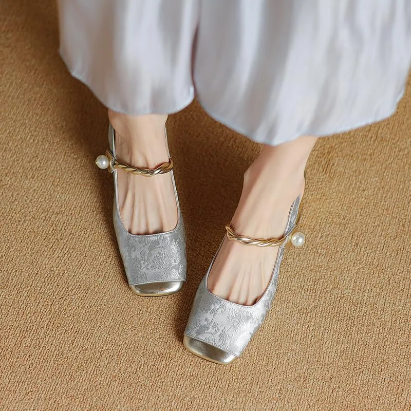 Women's Heeled Sandals Chinese Style Retro Square Toe Chunky Heel Genuine Leather Pumps