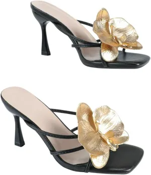 Women's High Heel Sandals with Gold Rose Accent – Elegant Evening Dress Shoes – Luxury Two-Strap Party Heels for Women