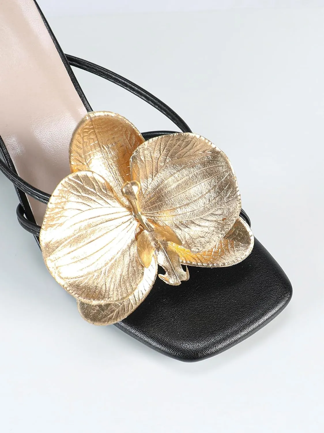 Women's High Heel Sandals with Gold Rose Accent – Elegant Evening Dress Shoes – Luxury Two-Strap Party Heels for Women