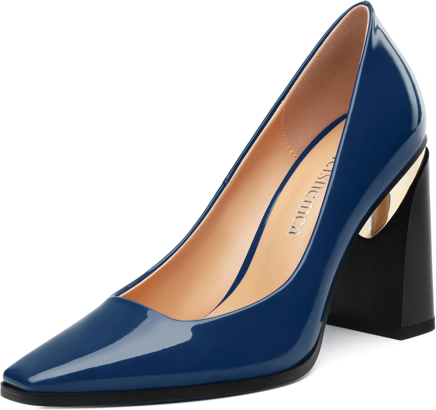 Womens High Heels,Patent Closed Square Toe Slip on Chunky Block Pumps,Elegant Heels,Daily Wedding Party Dress Shoes 3.5IN