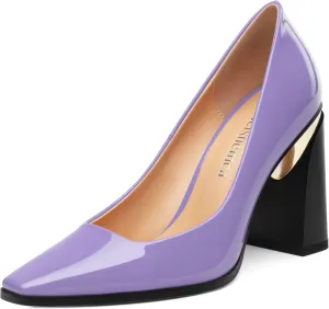 Womens High Heels,Patent Closed Square Toe Slip on Chunky Block Pumps,Elegant Heels,Daily Wedding Party Dress Shoes 3.5IN