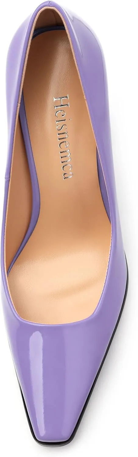 Womens High Heels,Patent Closed Square Toe Slip on Chunky Block Pumps,Elegant Heels,Daily Wedding Party Dress Shoes 3.5IN