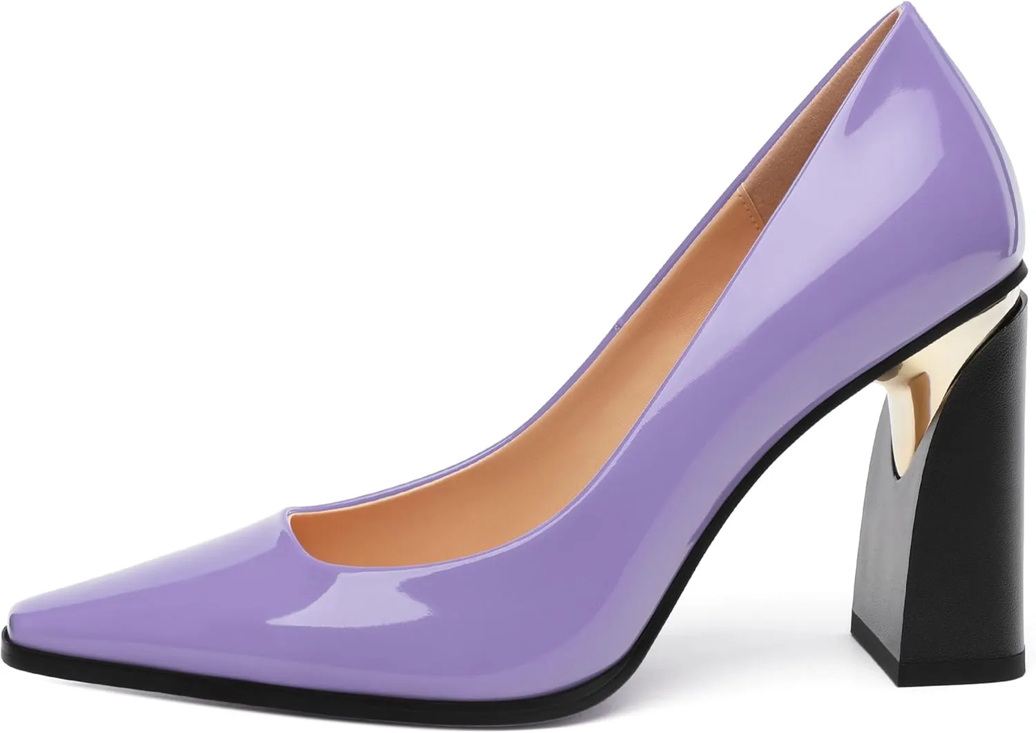 Womens High Heels,Patent Closed Square Toe Slip on Chunky Block Pumps,Elegant Heels,Daily Wedding Party Dress Shoes 3.5IN