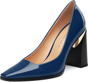 Womens High Heels,Patent Closed Square Toe Slip on Chunky Block Pumps,Elegant Heels,Daily Wedding Party Dress Shoes 3.5IN