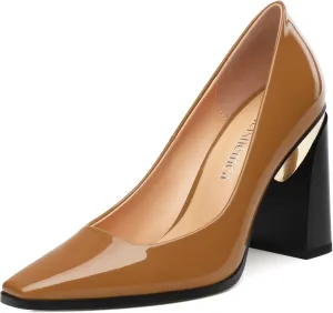 Womens High Heels,Patent Closed Square Toe Slip on Chunky Block Pumps,Elegant Heels,Daily Wedding Party Dress Shoes 3.5IN