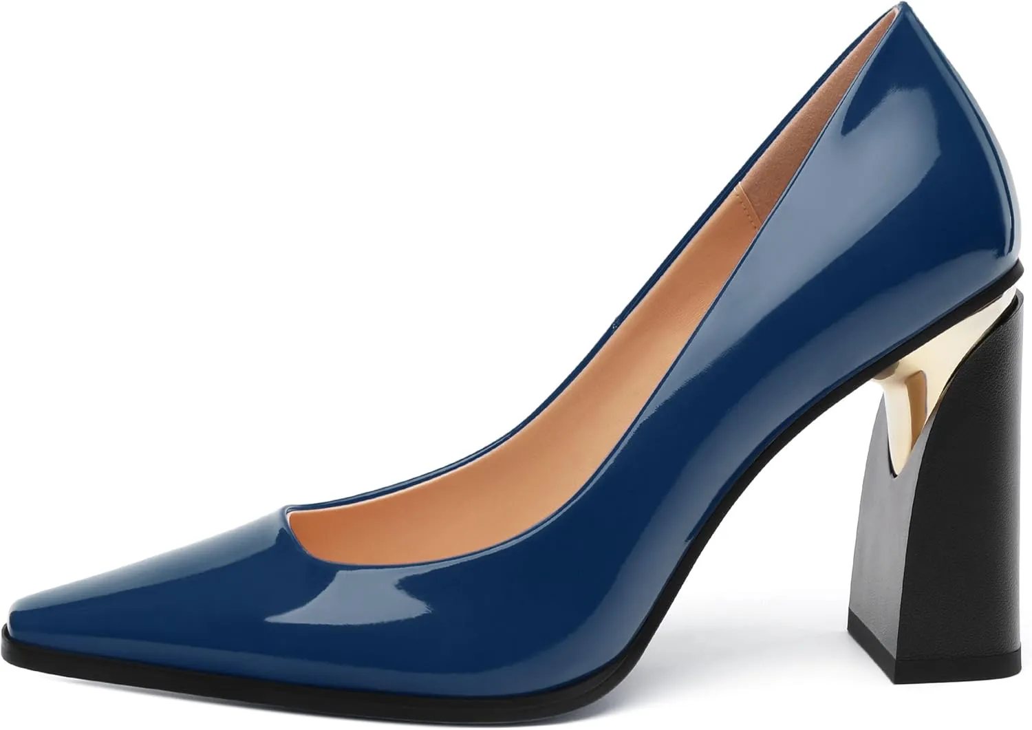 Womens High Heels,Patent Closed Square Toe Slip on Chunky Block Pumps,Elegant Heels,Daily Wedding Party Dress Shoes 3.5IN