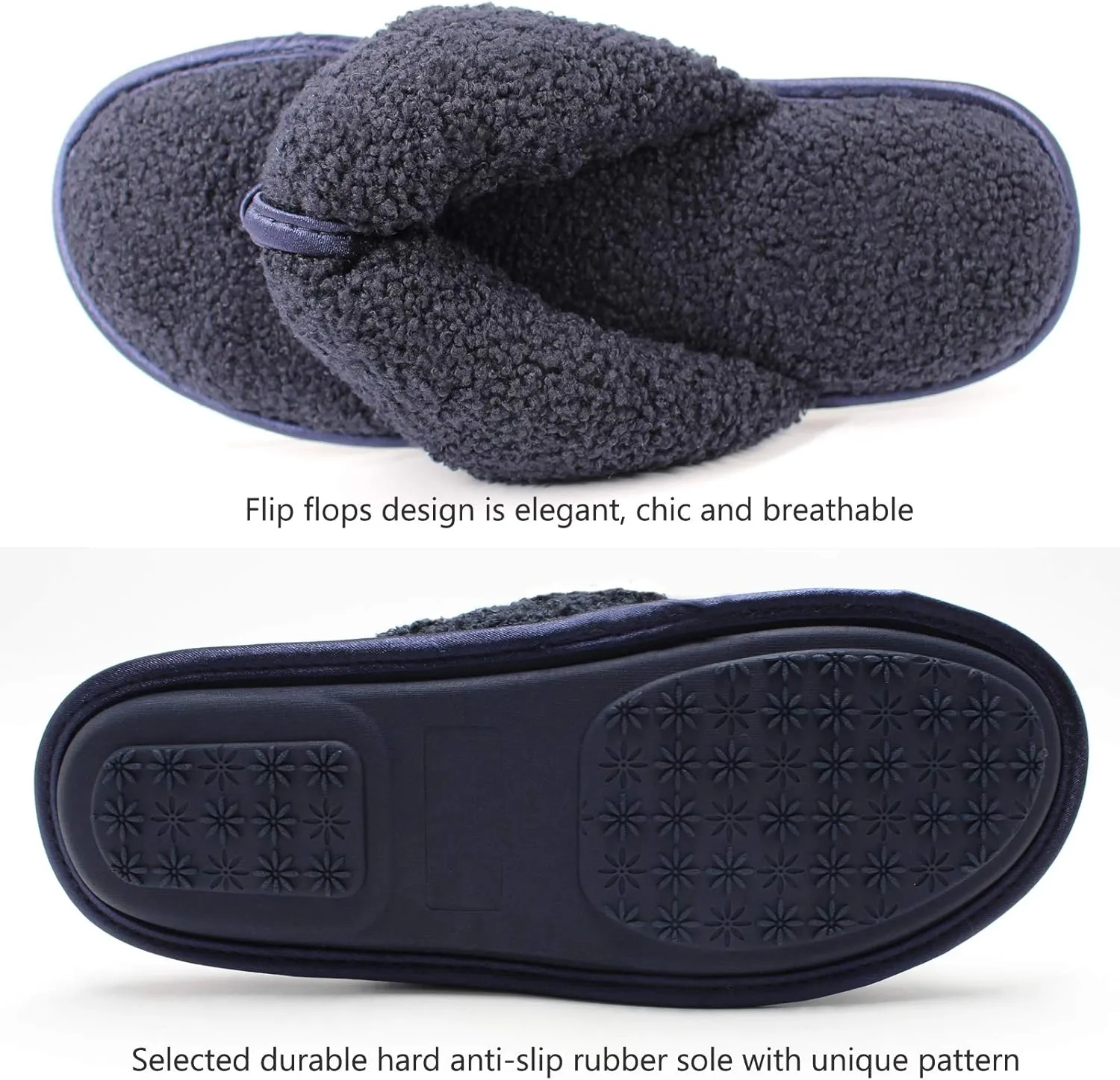 Women’s House Flip Flops Memory Foam Thong Slippers Open Toe Slides With Wool-Like Faux Fur Teddy Fleece