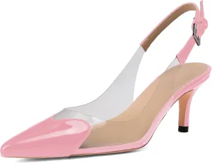 Women's Kitten Heel Transparent Slingback Pumps Pointed Toe Clear PVC Slip On Backless Cap Toe Cute Heart Mid Heel Patent Leather Elegant Sexy Slingbacks Heels