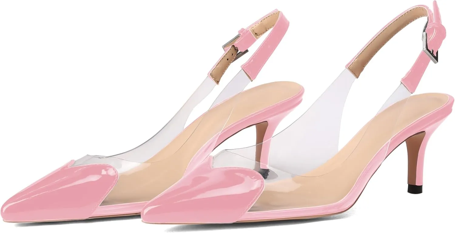 Women's Kitten Heel Transparent Slingback Pumps Pointed Toe Clear PVC Slip On Backless Cap Toe Cute Heart Mid Heel Patent Leather Elegant Sexy Slingbacks Heels