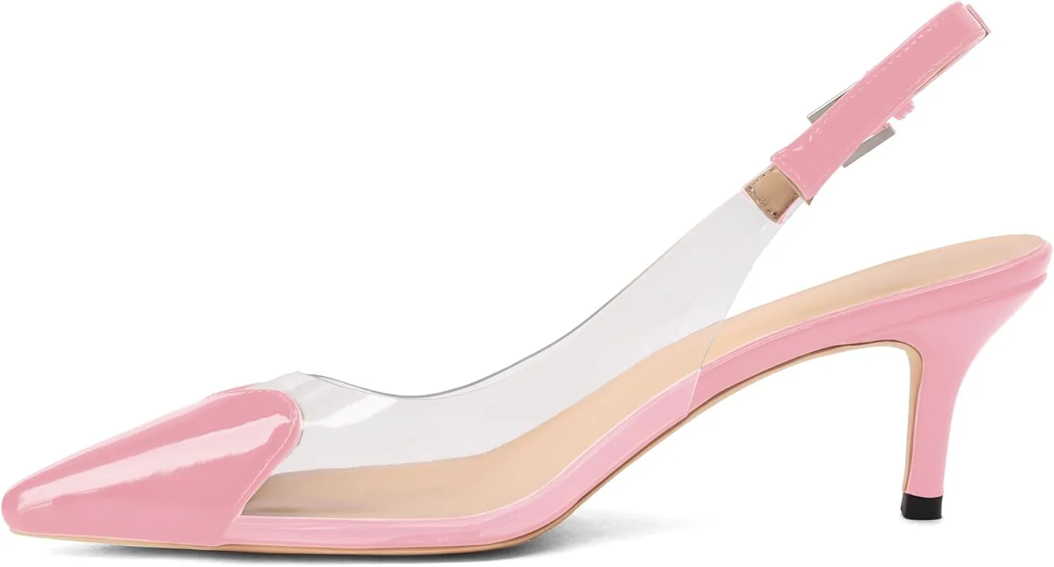 Women's Kitten Heel Transparent Slingback Pumps Pointed Toe Clear PVC Slip On Backless Cap Toe Cute Heart Mid Heel Patent Leather Elegant Sexy Slingbacks Heels