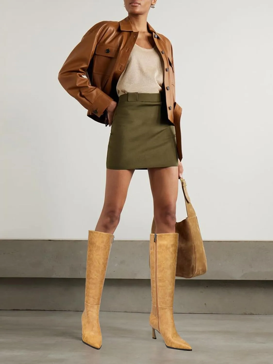 Womens Knee High Boots Kitten Heel Pointed Toe Faux Leather Long Boots Stiletto Side Zipper Comfortable Tall Boot