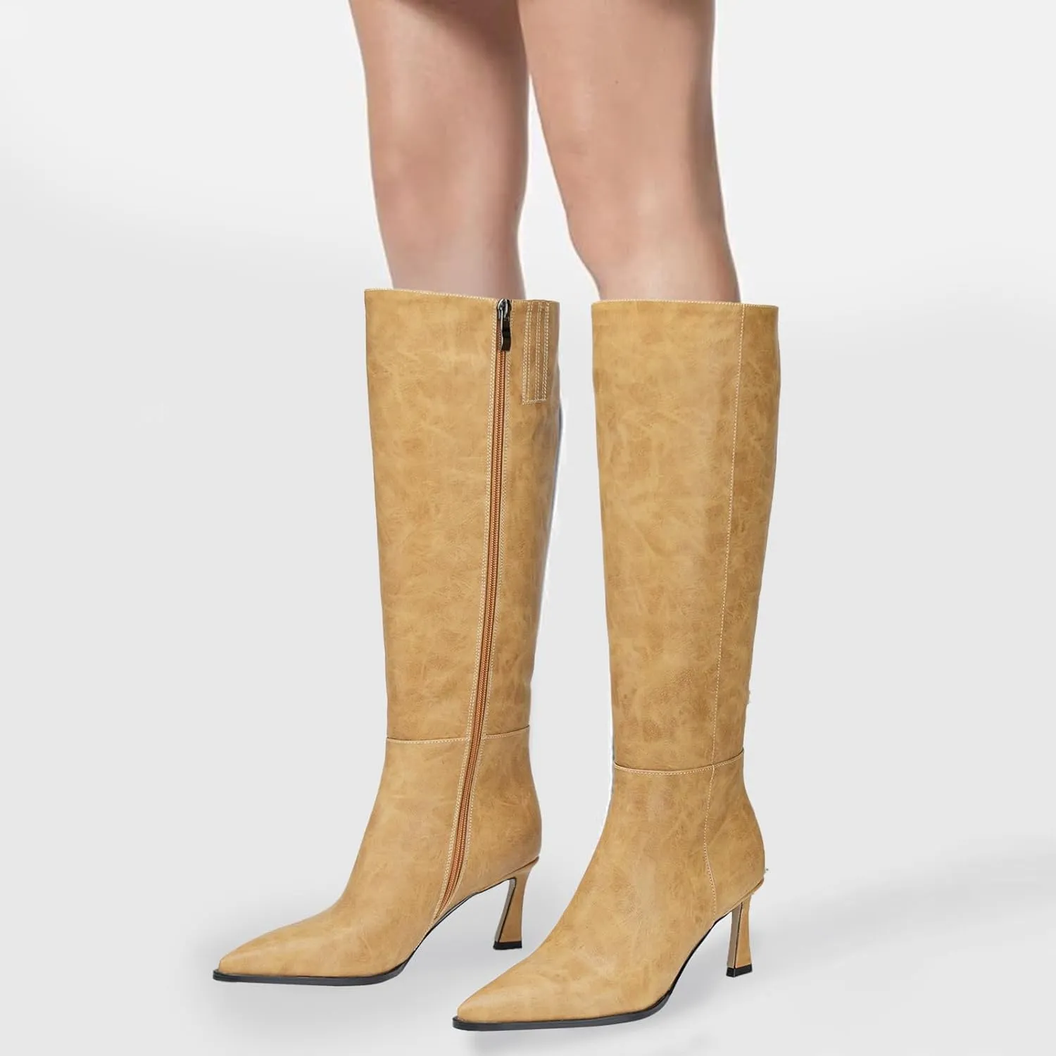 Womens Knee High Boots Kitten Heel Pointed Toe Faux Leather Long Boots Stiletto Side Zipper Comfortable Tall Boot