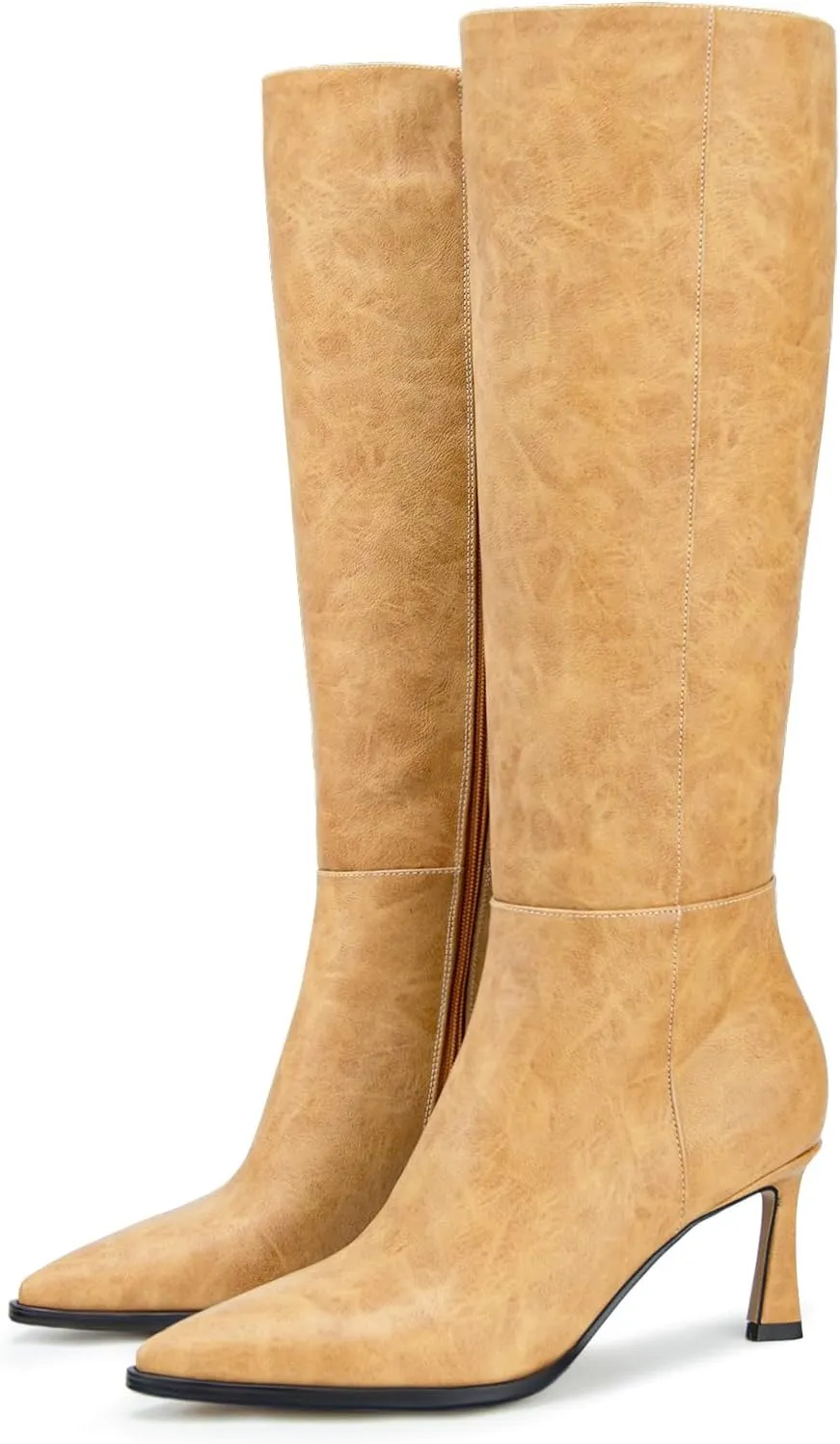 Womens Knee High Boots Kitten Heel Pointed Toe Faux Leather Long Boots Stiletto Side Zipper Comfortable Tall Boot