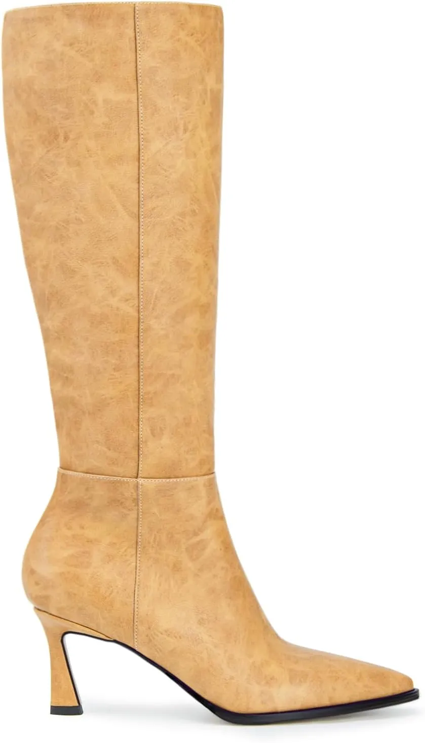 Womens Knee High Boots Kitten Heel Pointed Toe Faux Leather Long Boots Stiletto Side Zipper Comfortable Tall Boot