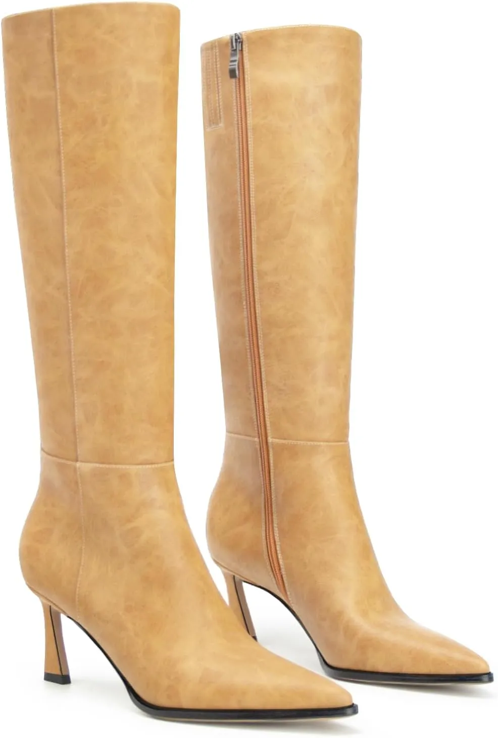 Womens Knee High Boots Kitten Heel Pointed Toe Faux Leather Long Boots Stiletto Side Zipper Comfortable Tall Boot