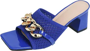 Women's Knit Open Toe Block Heel Mule Slides Fashion Square Toe Chain Slip On Mid Block Heel Sandals for Beach Parties
