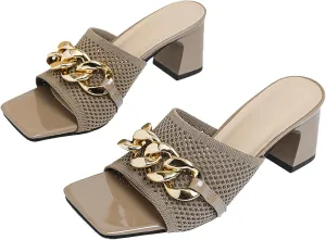 Women's Knit Open Toe Block Heel Mule Slides Fashion Square Toe Chain Slip On Mid Block Heel Sandals for Beach Parties