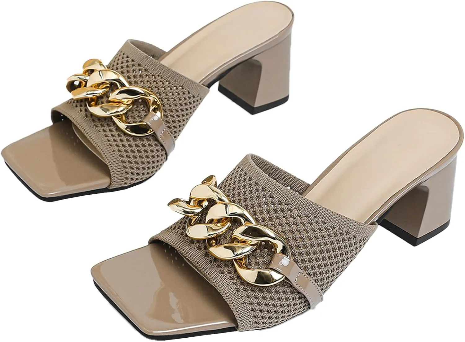 Women's Knit Open Toe Block Heel Mule Slides Fashion Square Toe Chain Slip On Mid Block Heel Sandals for Beach Parties