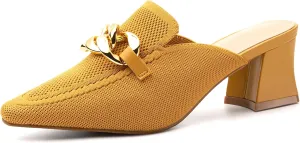 Women's Knit Pointed Toe Chunky Heel Mules, Comfortable Slip-On Sandals for Business and Daily Wear