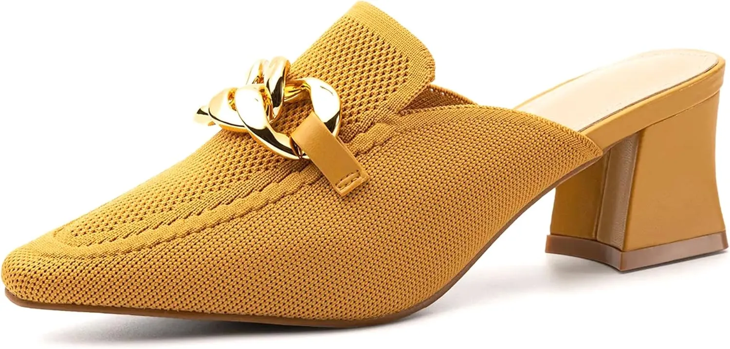 Women's Knit Pointed Toe Chunky Heel Mules, Comfortable Slip-On Sandals for Business and Daily Wear