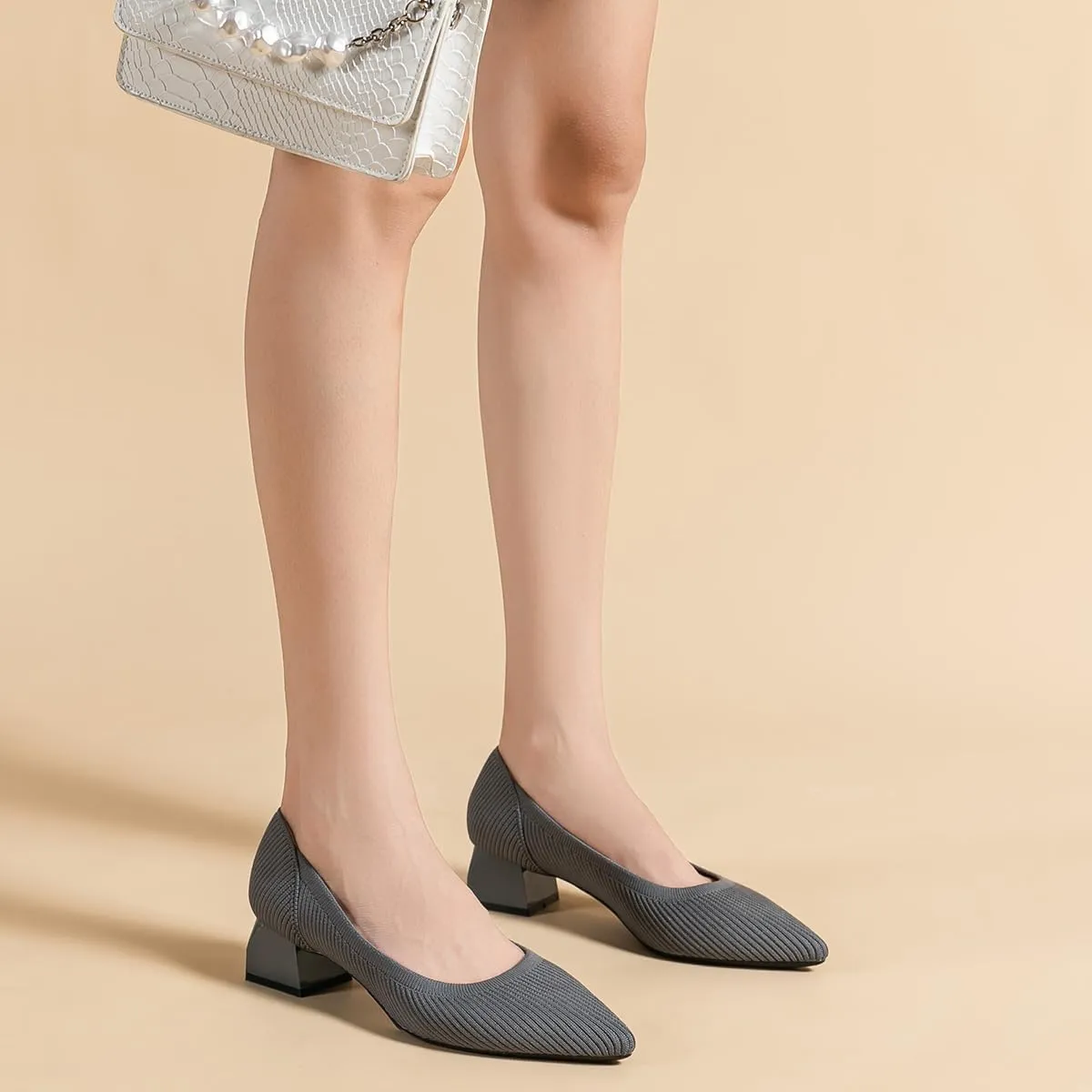 Women's Knit Pumps Block Heel Slip On Sweater Pointed Toe Low Heel Knitted Pumps
