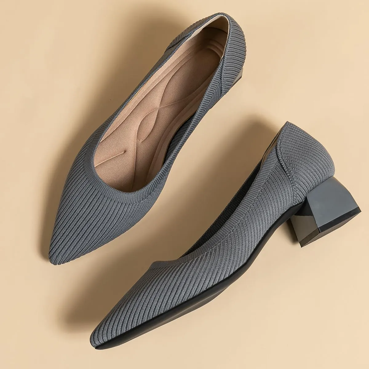 Women's Knit Pumps Block Heel Slip On Sweater Pointed Toe Low Heel Knitted Pumps