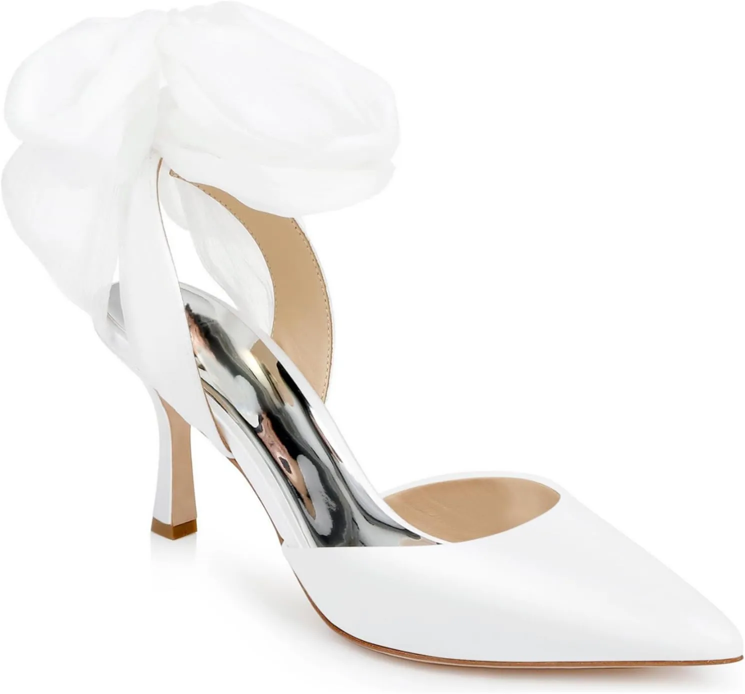 Womens Lace up Satin Heels Bow Pointed Closed Toe Bridal Dress Shoes Low Heel Wedding Elegant Pumps