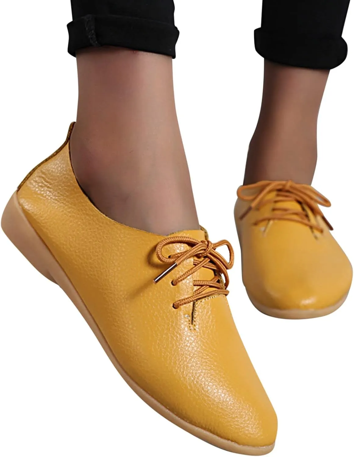 Women's Leather Lace Up Oxfords Sneakers Comfortable Slip-On Business Shoes Lightweight Breathable Sneakers Dressy Low Heel Walking Shoes