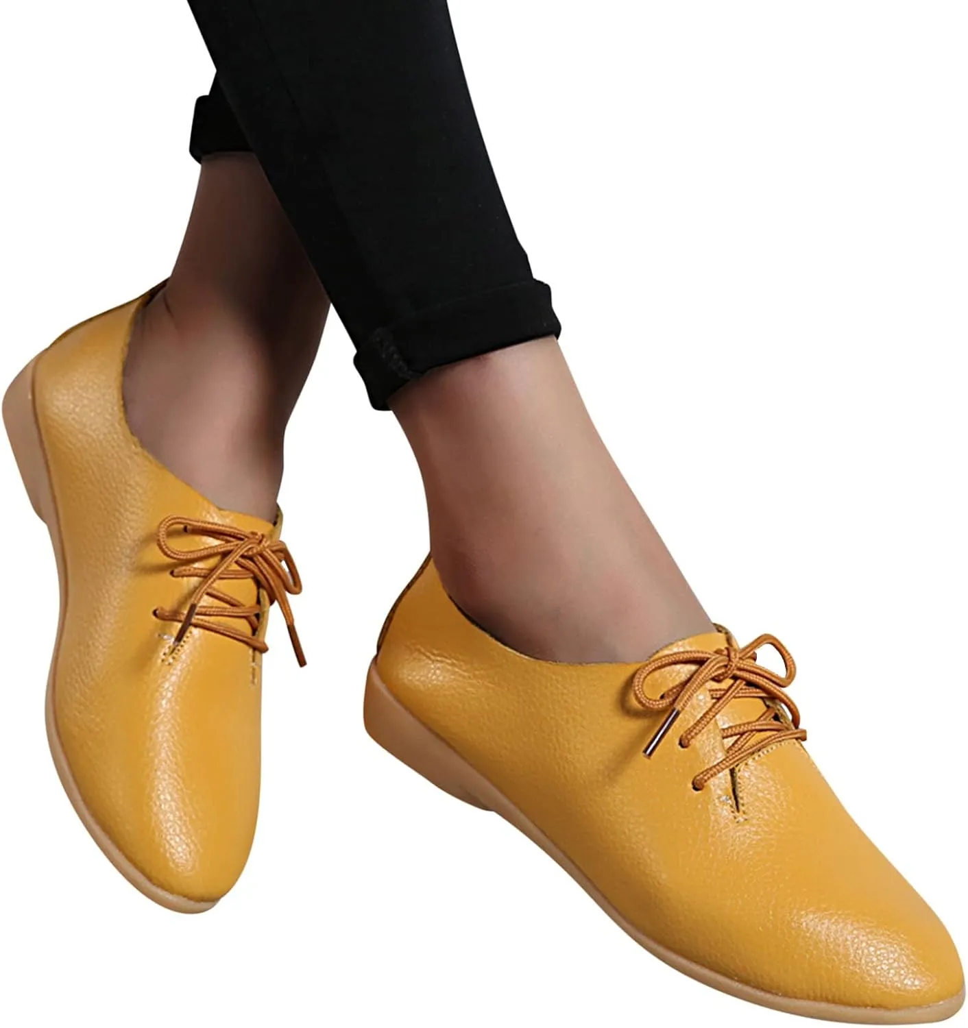 Women's Leather Lace Up Oxfords Sneakers Comfortable Slip-On Business Shoes Lightweight Breathable Sneakers Dressy Low Heel Walking Shoes